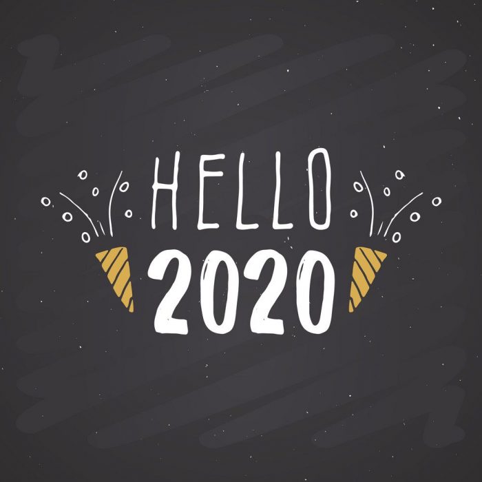 New Year greeting card, hello 2020. Typographic Greetings Design. Calligraphy Lettering for Holiday Greeting. Hand Drawn Lettering Text Vector illustration on chalkboard background