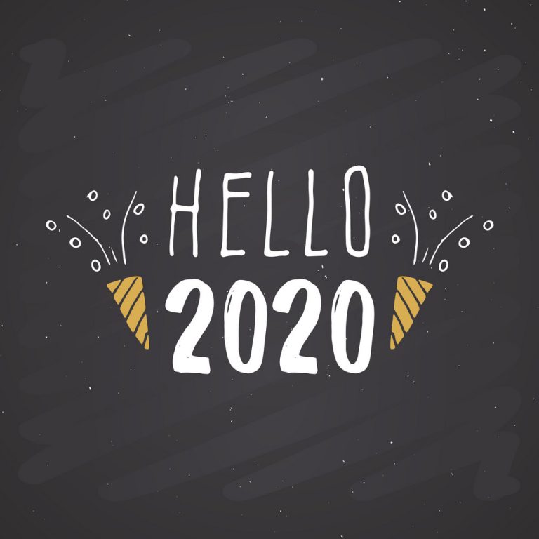 New Year greeting card, hello 2020. Typographic Greetings Design. Calligraphy Lettering for Holiday Greeting. Hand Drawn Lettering Text Vector illustration on chalkboard background